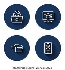 Set line Student working at laptop, Graduation cap speech bubble, Cloud online library and Online quiz, test, survey with long shadow. Blue circle button. Vector