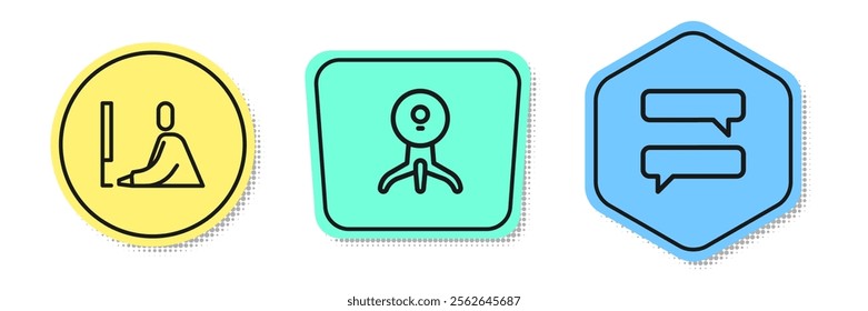 Set line Student working at laptop, Web camera and Speech bubble chat. Colored shapes. Vector