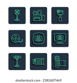 Set line Studio light bulb in softbox, Camera photo lens, Cinema camera, Action extreme, Photo, Film reel,  and  icon. Vector