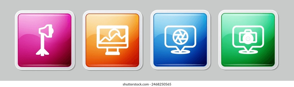 Set line Studio light bulb in softbox, Photo retouching, Camera shutter and camera. Colorful square button. Vector