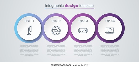 Set line Studio light bulb in softbox, Camera shutter, Photo frame and retouching. Business infographic template. Vector