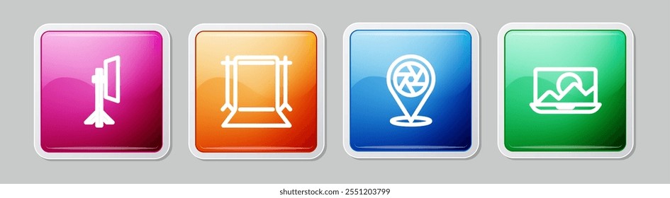 Set line Studio light bulb in softbox, Empty photo studio, Camera shutter and Photo retouching. Colorful square button. Vector
