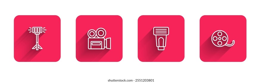 Set line Studio light bulb in softbox, Retro cinema camera, Photo flash and Film reel with long shadow. Red square button. Vector