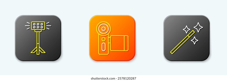 Set line Studio light bulb in softbox, Cinema camera and Photo retouching icon. Vector