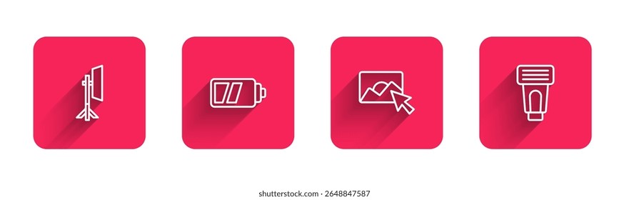 Set line Studio light bulb in softbox, Battery for camera, Photo retouching and flash with long shadow. Red square button. Vector