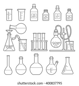 Set in Line style. chemical flask. Erlenmeyer flask, distilling flask, volumetric flask, test tube. Vector illustration.