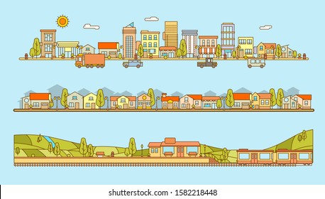 set of Line Style cityscape, housing complex and train station with village scenery and hills flat vector illustration. use for info graphic, landing page and anything