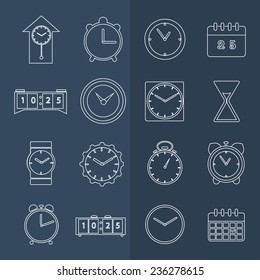Set of line style clocks icons. Vector illustration.