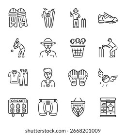 Conjunto de iconos de juego de críquet de estilo de línea 
