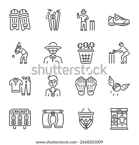 Set of Line Style Cricket Game Icons 