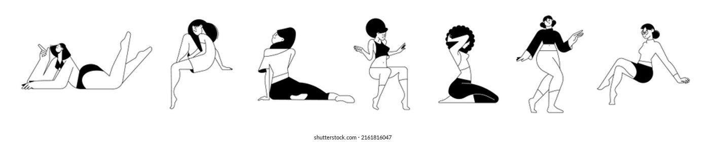 Set of line style design of women in different poses. Vector illustration concepts for resting, relaxing, enjoying free time, for graphic and web design, marketing, beauty, and fashion.