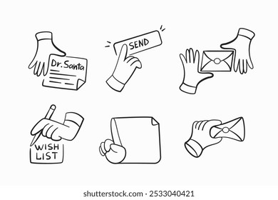 Set of line style hand icons Christmas letters, write letter to Santa, send button, handing over letter, wish list, etc.