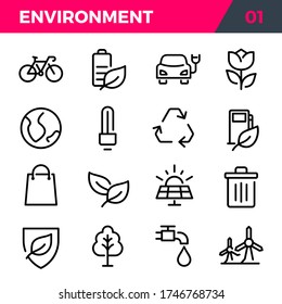Conjunto de iconos de estilo de línea. Símbolos relacionados con el medio ambiente y la tierra. Pictogramas modernos y sencillos.