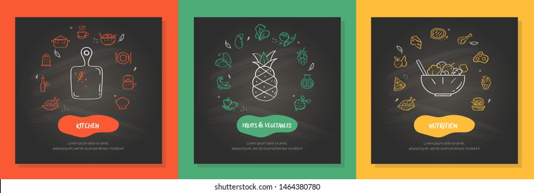 Set of line style icons with kitchen, fruit and vegetables and nutrition. Hand drawn modern nutrition concept. Food banner template
