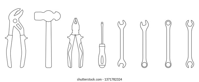 Set of line style icons of tools. Wrench, screwdriver, pliers, hammer. Workshop, mechanic, repair service logo template. Clean and modern vector illustration.