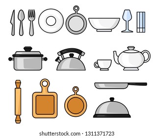 Set of line style kitchenware icon. Collection of colored icons. Vector illustration isolated on white background.