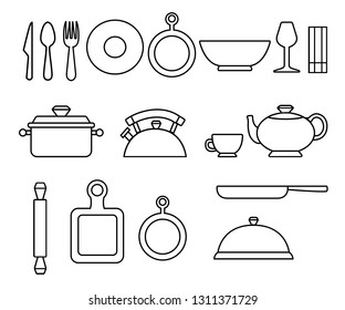 Set of line style kitchenware icon. Collection of black and white icons. Vector illustration isolated on white background.