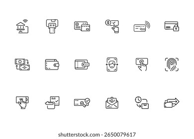 Set line style payment icons showing bank, card, wallet, security symbols online