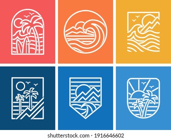 Set of line style vector surfing badges. For t-shirt prints, posters and other uses.