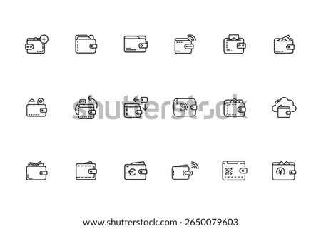 Set line style wallet icons showing various financial concepts symbols vector