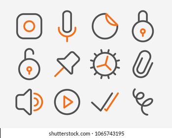 Set Of Line Styled Vector Icons For Messenger Application. Pack Of Different Icons: Speakerphone, Play Button, Recieved Messages, Lock And Others. 