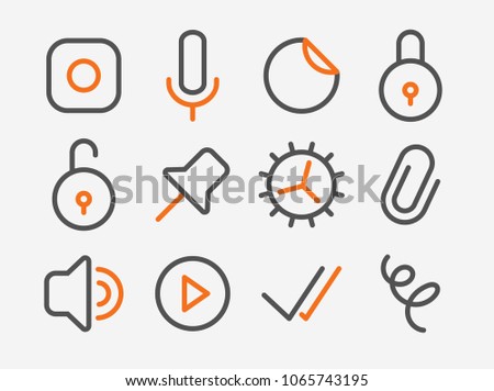 Set of line styled vector icons for messenger application. Pack of different icons: speakerphone, play button, recieved messages, lock and others. 