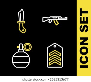 Subfusil, Chevron, granada de mano y cuchillo militar icono. Vector
