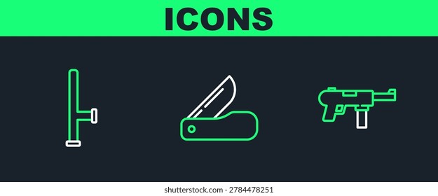 Set line Submachine gun M3, Police rubber baton and Swiss army knife icon. Vector