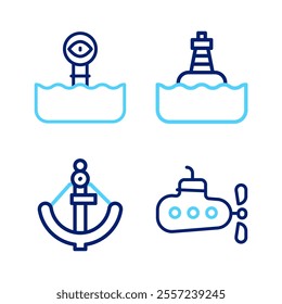 Set line Submarine, Anchor, Floating buoy and Periscope icon. Vector