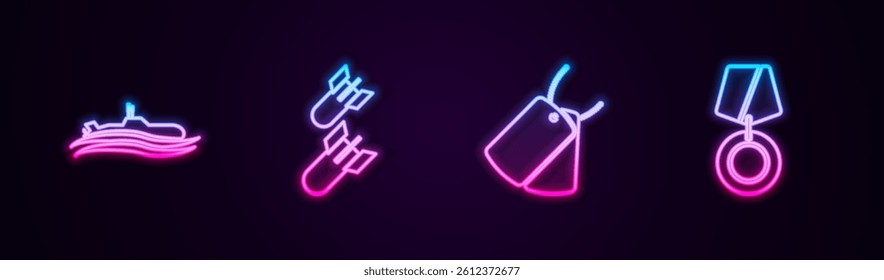 Set line Submarine, Aviation bomb, Military dog tags and reward medal. Glowing neon icon. Vector
