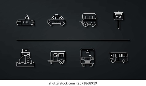 Set line Submarine, Cargo ship, Road traffic signpost, Bus, Rv Camping trailer, Taxi car,  and Wild west covered wagon icon. Vector