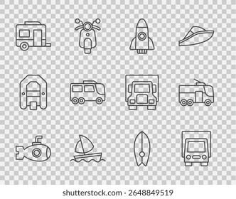 Linha Set Submarine, Entrega caminhão de carga, Rocket ship, veleiro Iate, Rv Camping trailer, Ônibus, Surfboard e Trolleybus ícone. Vetor