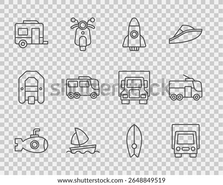 Set line Submarine, Delivery cargo truck, Rocket ship, Yacht sailboat, Rv Camping trailer, Bus, Surfboard and Trolleybus icon. Vector