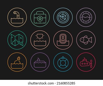 Set line Submarine, Fish, Radar with targets, Sun, Pirate treasure map, Periscope, Location anchor and First aid kit icon. Vector