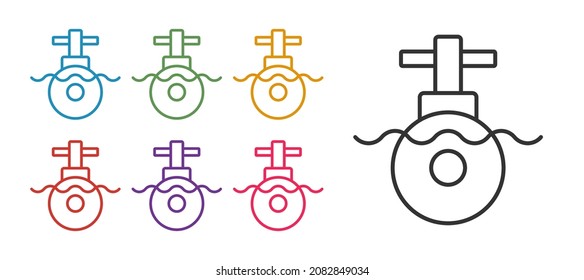 Set line Submarine Symbol einzeln auf weißem Hintergrund. Militärschiff. Stellen Sie die Symbole bunt ein. Vektorgrafik