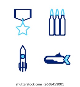Set line Submarine, Nuclear rocket, Bullet and Military reward medal icon. Vector
