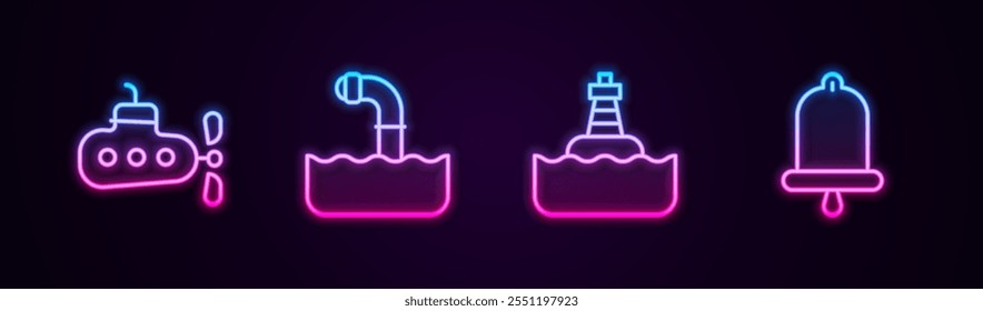 Set line Unterseeboot, Periscope, Schwimmboje und Schiffglocke. Leuchtendes Neonsymbol. Vektorgrafik