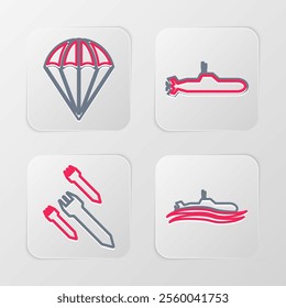 Set line Submarine, Rocket,  and Parachute icon. Vector