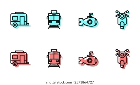 Set line Submarine, Rv Camping trailer, Tram and railway and Scooter icon. Vector