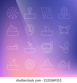 Set line Submarine, Smoking pipe, Crab, Flippers for swimming, Location with anchor, Cruise ship, Wind rose and Shark fin ocean wave icon. Vector