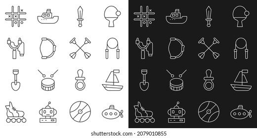 Set Line Submarine Toy, Toy Boat, Jump Rope, Sword, Bow, Slingshot, Tic Tac Toe Game And Arrow With Sucker Tip Icon. Vector