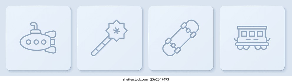 Set line Submarine toy, Skateboard, Magic wand and Passenger train cars. White square button. Vector