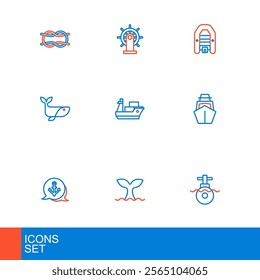 Set line Submarine, Whale tail, Anchor, Yacht sailboat, Cargo ship, Inflatable with motor and Ship steering wheel icon. Vector