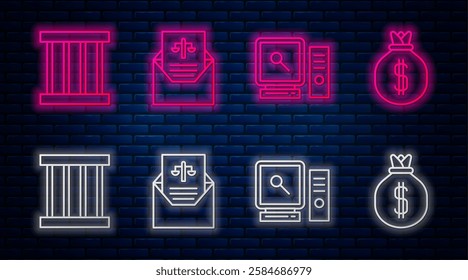 Set line Subpoena, Search on computer screen, Prison window and Money bag. Glowing neon icon on brick wall. Vector