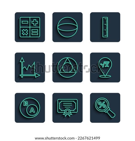 Set line Subsets, math, a is subset of b, Certificate template, Magnifying glass with percent, Ruler, Triangle, Graph, schedule, chart, diagram, Calculator and Square root x glyph icon. Vector