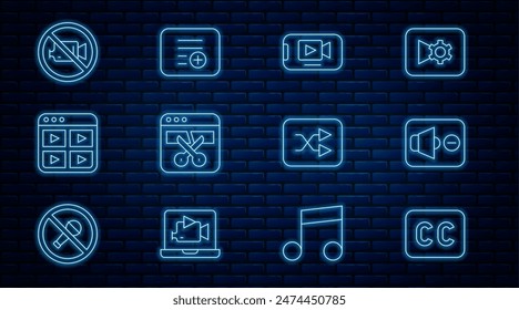 Set line Subtitles, Speaker mute, Online play video, Video recorder or editor, Music playlist, Prohibition no recording, Arrow shuffle and Add icon. Vector