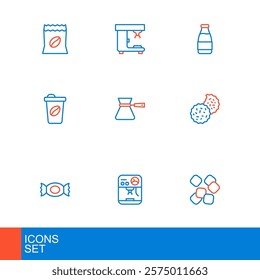 Set line Sugar cubes, Coffee machine, Candy, Cookie or biscuit, cup to go, turk, Milk bottle and  icon. Vector