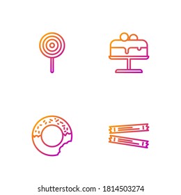 Fijar línea Paquetes de bastón de azúcar, Donut, Lollipop y placa de tarta. Iconos de color de degradado. Vector