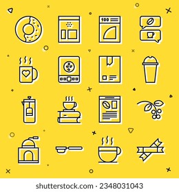 Set line Sugar stick packets, Coffee bean, branch, Milkshake, paper filter, Electronic coffee scales, cup and heart, Donut with sweet glaze and Bag beans icon. Vector