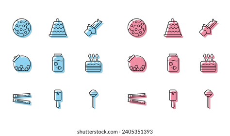 Set line Sugar stick packets, Ice cream, Cookie or biscuit, Lollipop, Strawberry jam jar, Cake with burning candles, Glass candies inside and  icon. Vector